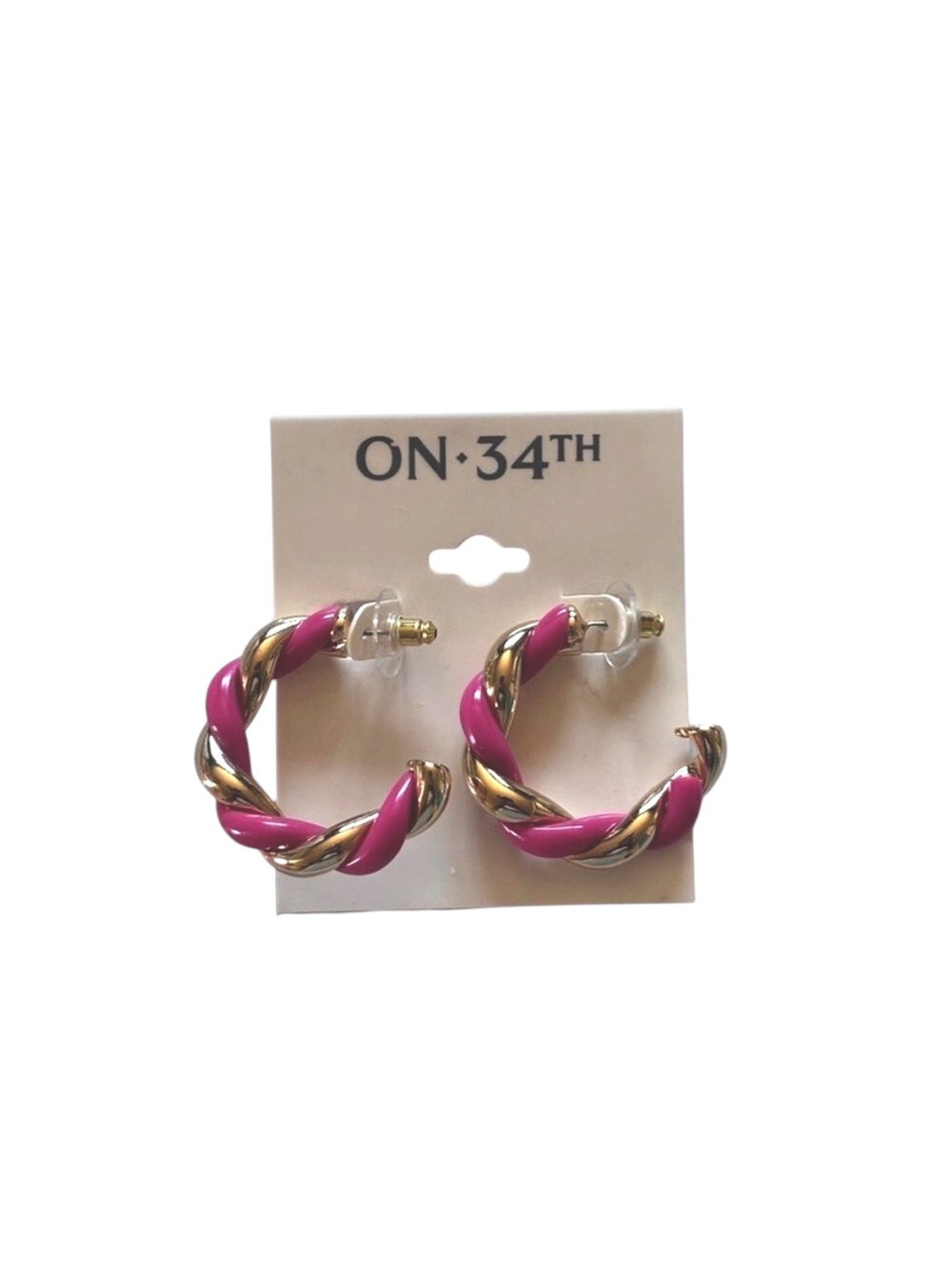 ON 34th Pink and Gold-Tone Twisted Hoop Earrings